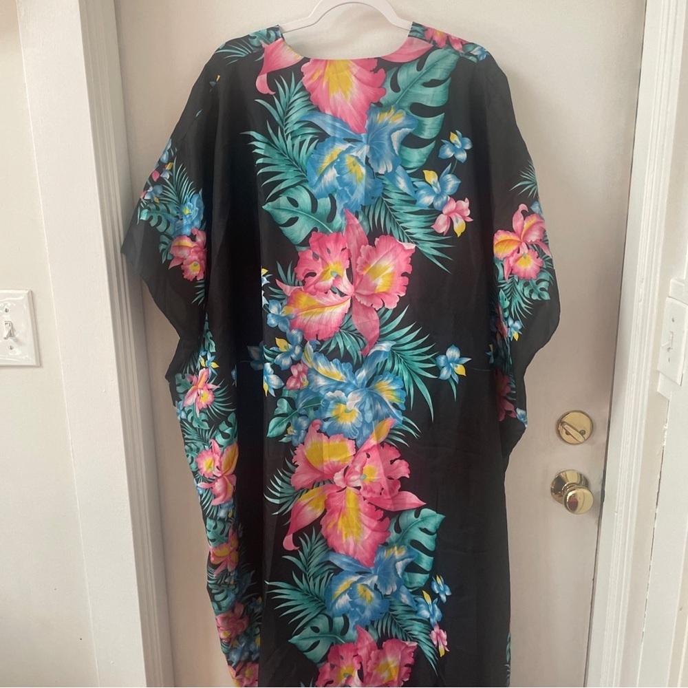 Vintage Tropical Eve Hawaii Muu Muu Kaftan Maxi Dress Black Floral Kimono OS - Picture 6 of 6